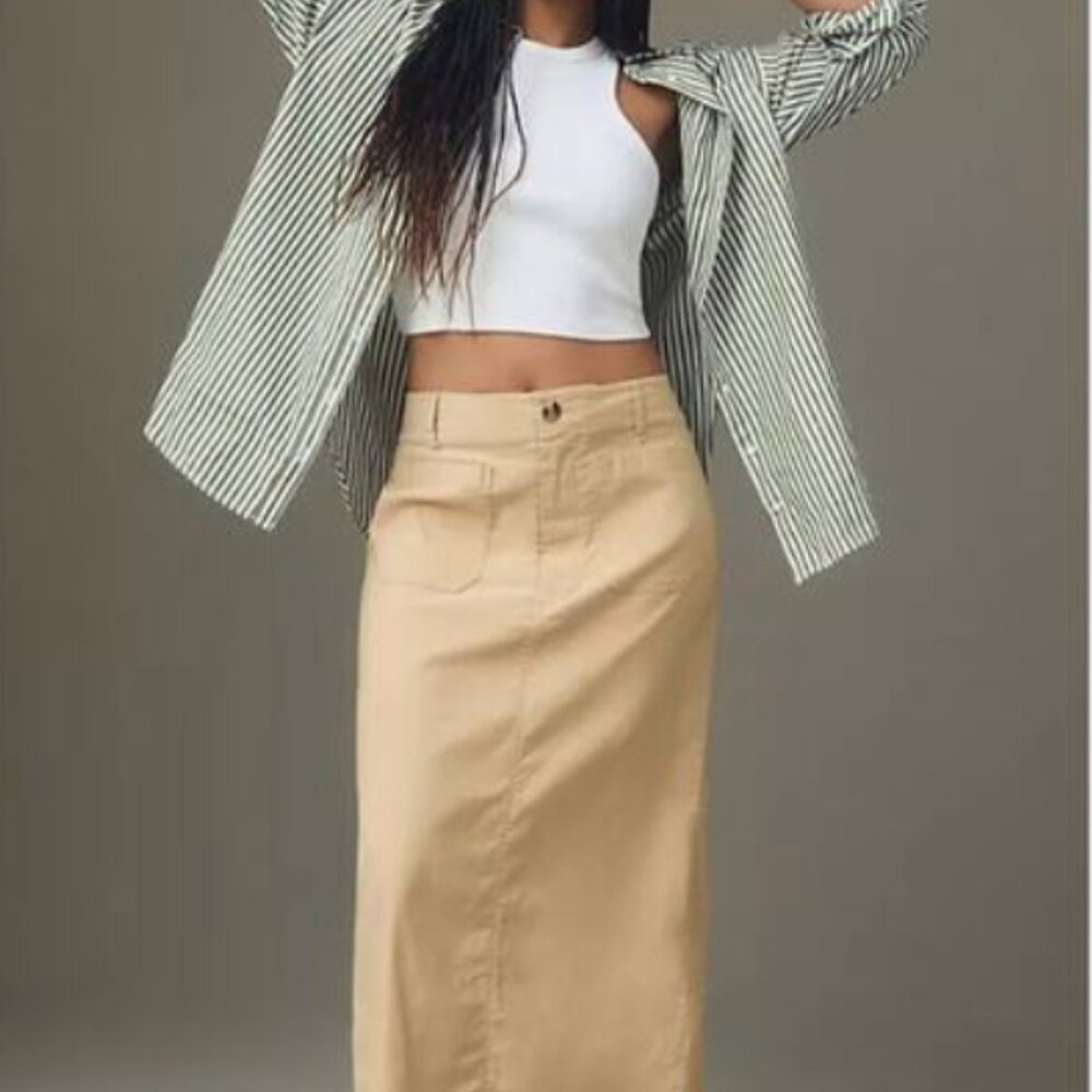 Anthropologie Maeve The Colette Maxi Skirt Back Slit Cotton Poplin Tan